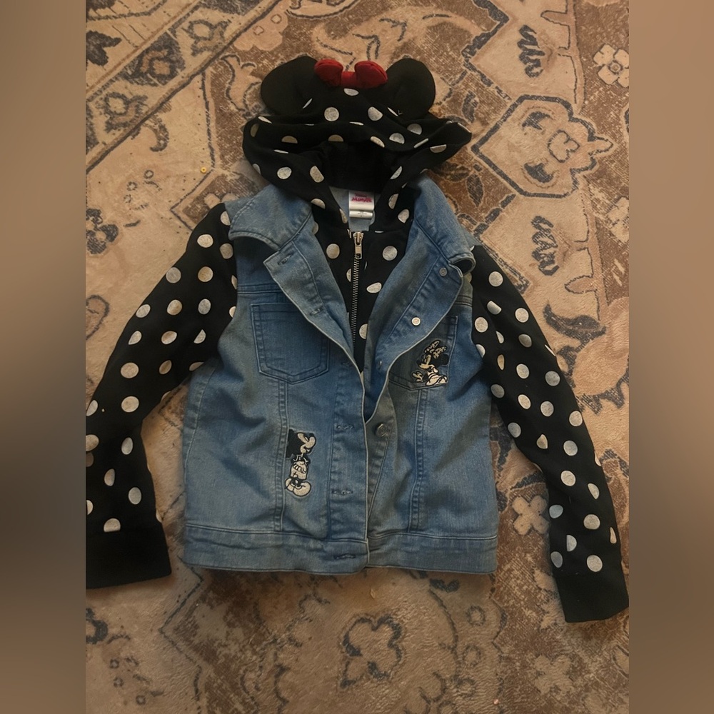 Disney Denim Jacket with Black and White Polka Dot Sleeves